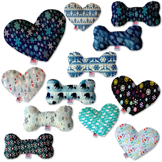 Pet and Dog Canvas or Plush Heart or Bone Toy, "Winter Wonderland Group" (Available in different sizes, and 10 different patterns!)