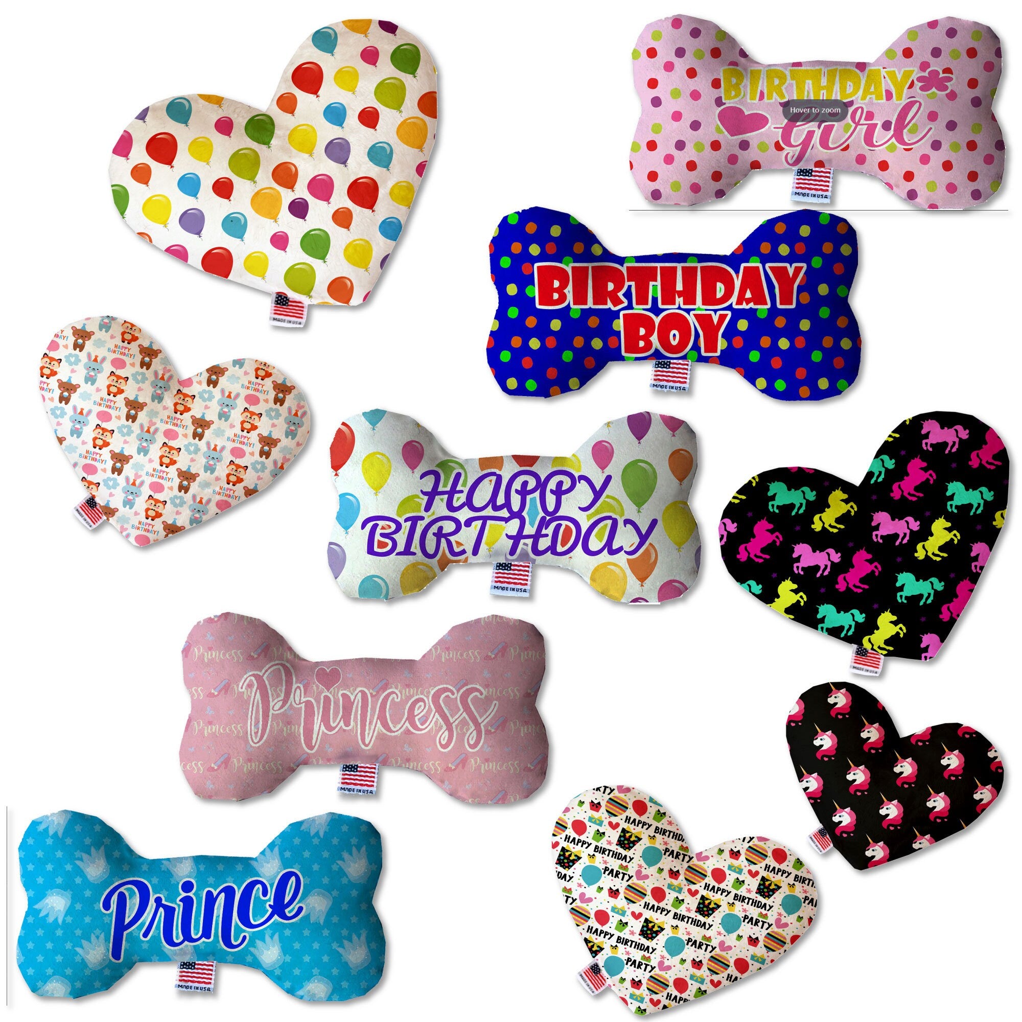 Pet, Dog Canvas or Plush Heart or Bone Toy, "Birthday Group" (Available in different sizes, and 10 different pattern options!)