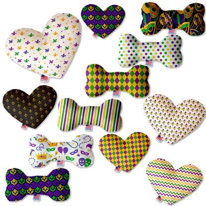 Pet and Dog Canvas or Plush Heart or Bone Toy, "Mardi Gras Group" (Available in different sizes, and 10 different pattern options!)