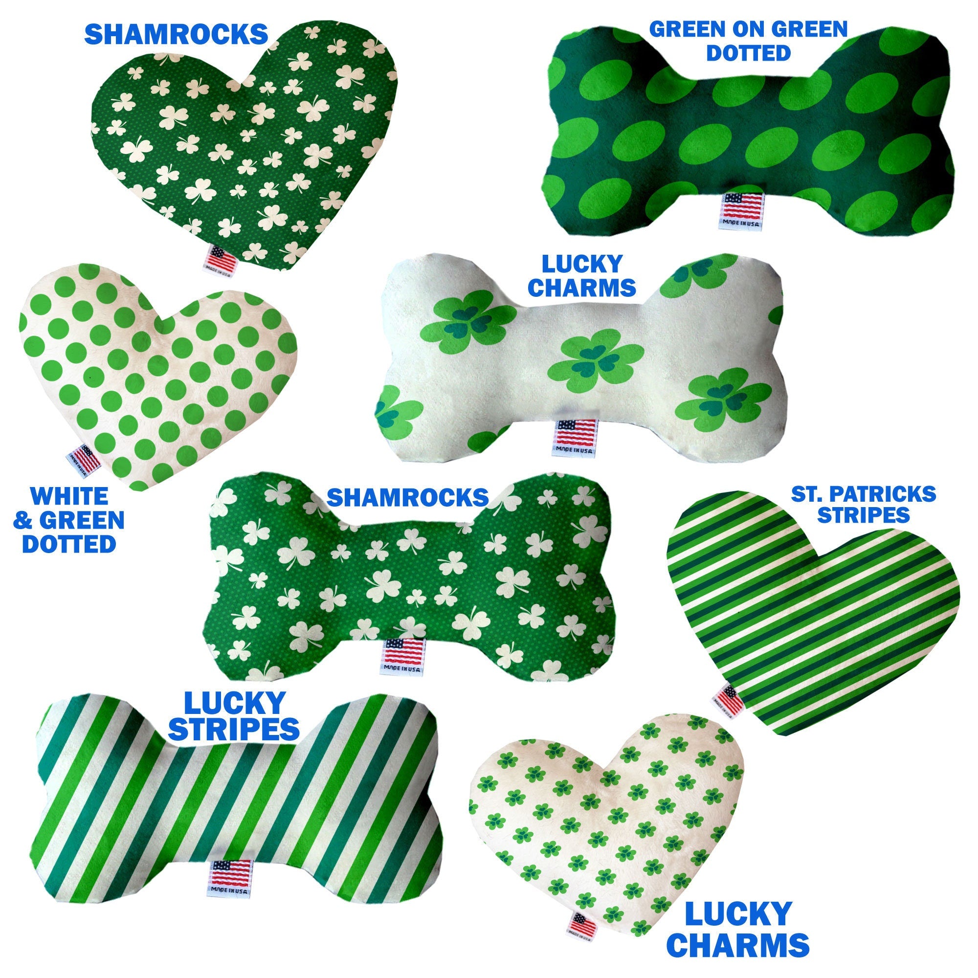 Pet and Dog Canvas or Plush Heart or Bone Toy, "St. Patrick's Day Group" (Available in different sizes, and 6 different pattern options!)
