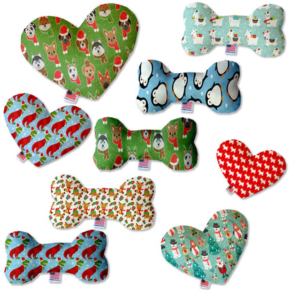 Christmas Pet and Dog Canvas or Plush Heart or Bone Toy,  "Holiday Friends Group" (Available in different sizes, and 7 different patterns!)