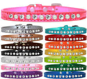 Dog, Puppy and Pet Designer Croc Collar, "One Row Pearl & Clear Crystals Rimsets"