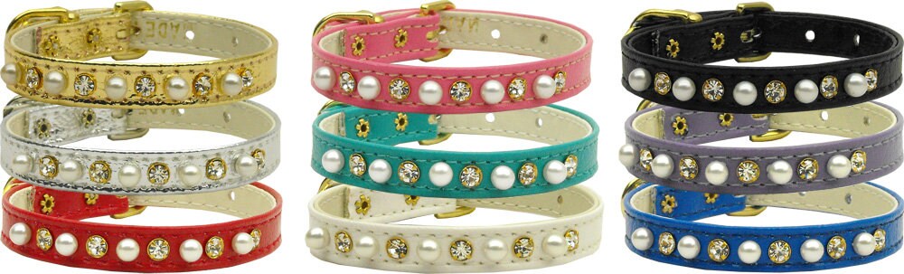 Dog, Puppy and Pet Collar, "3/8" Wide Pearl & Clear Crystals"