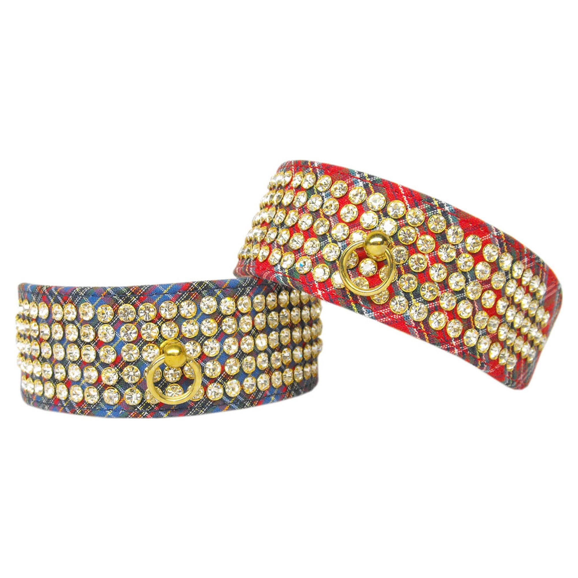 Dog, Puppy & Pet Plaid Collar, &quot;Five Row Clear Crystal&quot; *Choose from Red or Blue Plaid*