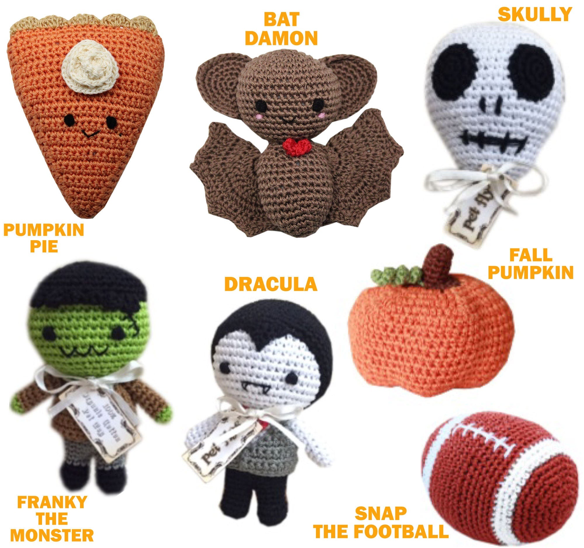 Knit Knacks Organic Cotton Pet& Dog Toys, "Fall Group" (Options: Football, Dracula, Bat Damon, Skully, Franky Monster, Pumpkin, Pumpkin Pie)