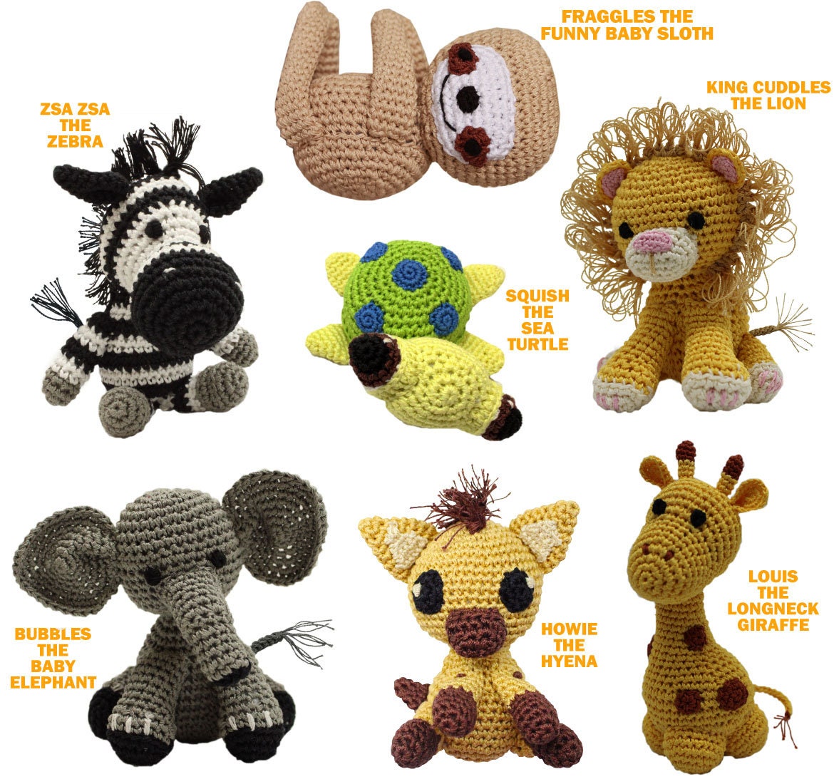 Knit Knacks Organic Cotton Pet, Dog Toys, "Animals" (Choose from: Sloth, Zebra, Giraffe, Hyena, Elephant, Lion, or Sea Turtle)