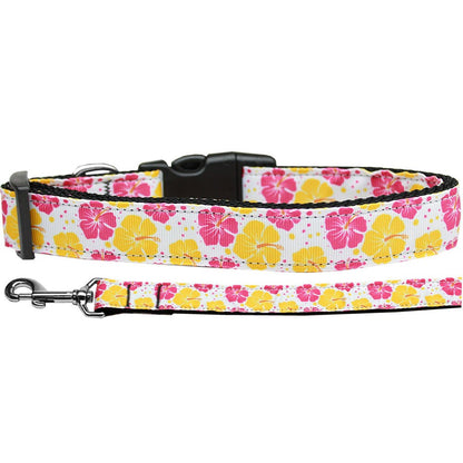 Pet Dog and Cat Nylon Collar or Leash, "Pink & Yellow Hibiscus Flowers"
