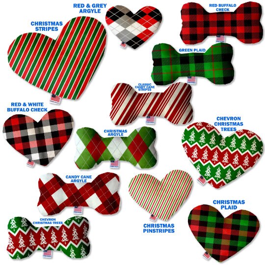 Pet and Dog Canvas or Plush Heart or Bone Toy, "Christmas Patterns Group" (Available in different sizes, and 11 different pattern options!)