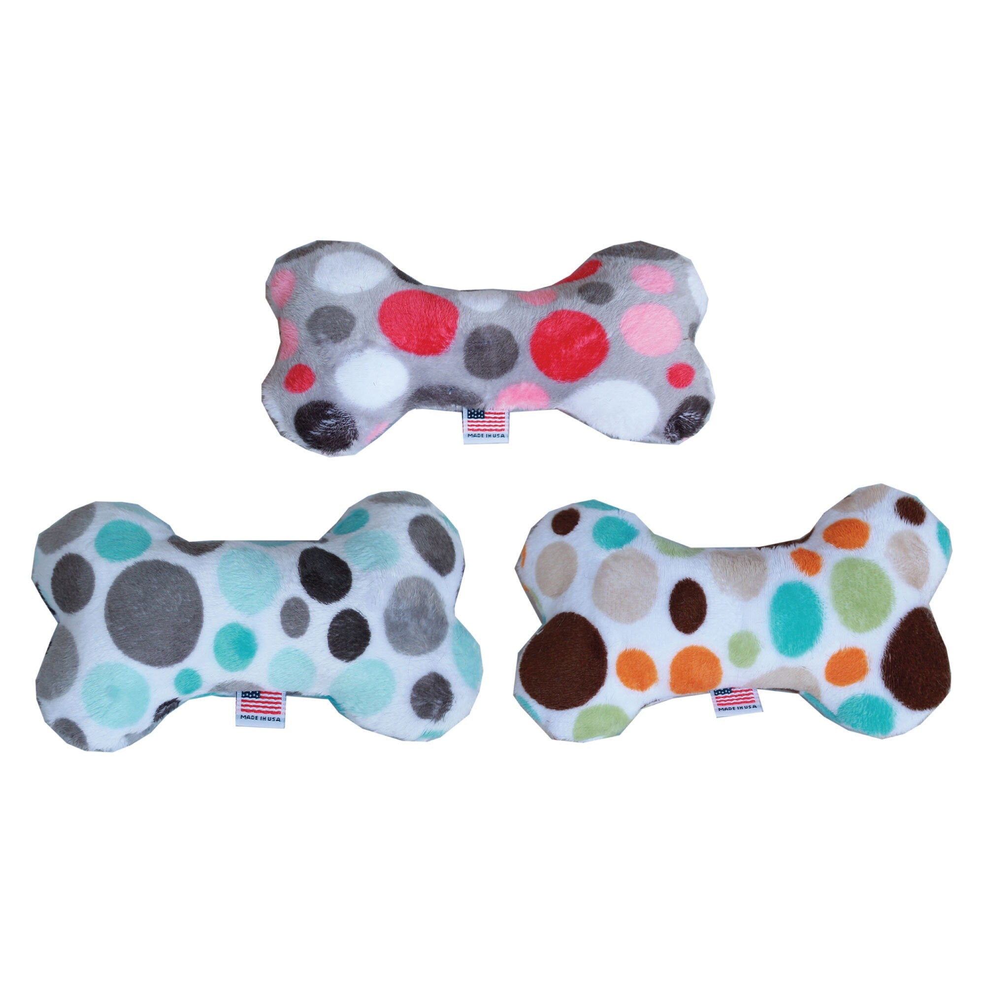 Pet and Dog Plush 6" Bone Toy, "Party Dots Group" (Available in 3 different colorway options!)