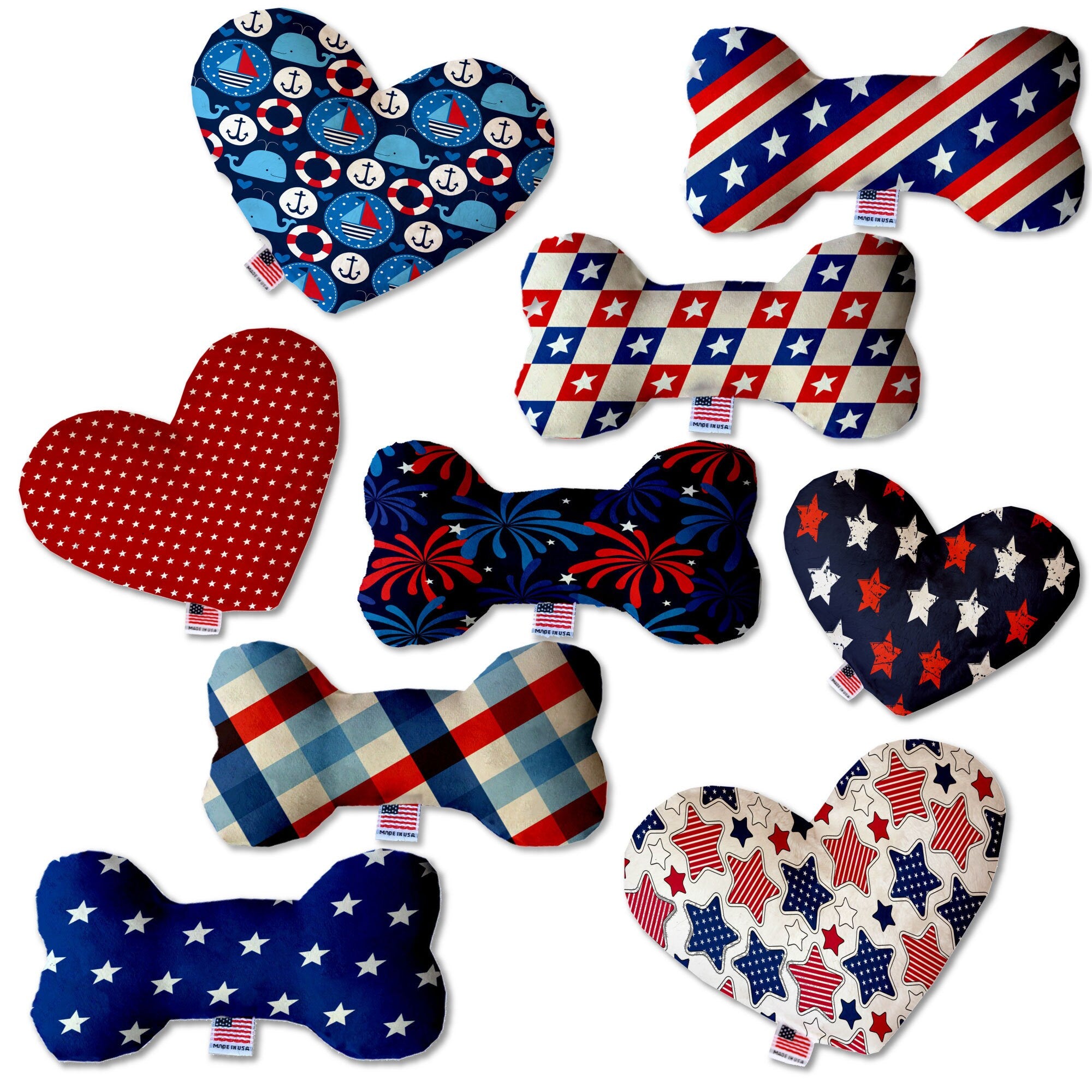 Pet and Dog Canvas or Plush Heart or Bone Toy, "Independence Day Group" (Available in different sizes, and 9 different pattern options!)