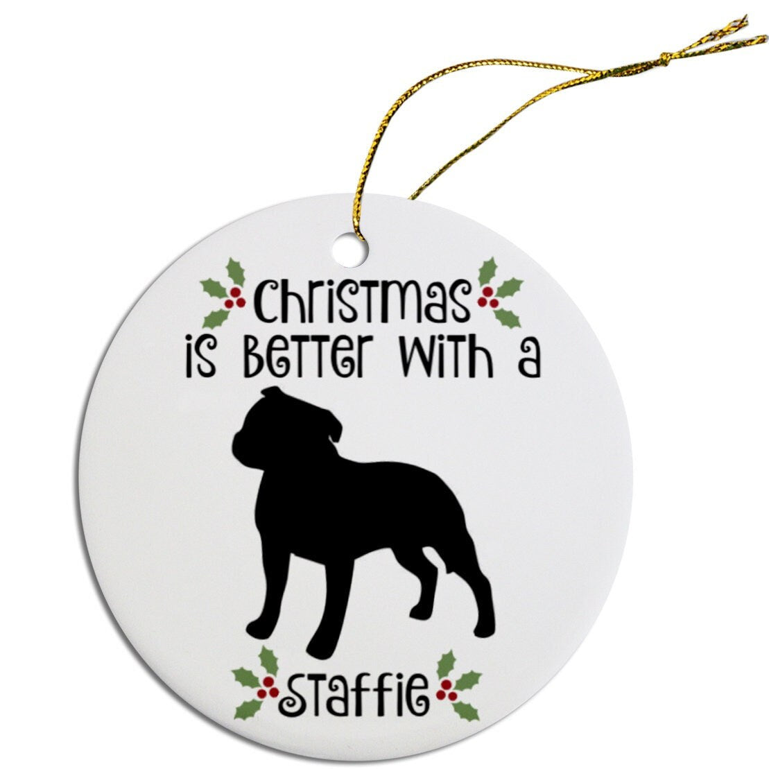 Dog Breed Specific Round Christmas Ornament, "Staffie"