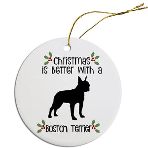 Dog Breed Specific Round Christmas Ornament, "Boston Terrier"