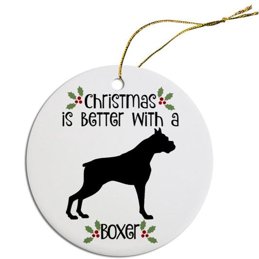 Dog Breed Specific Round Christmas Ornament, "Boxer"