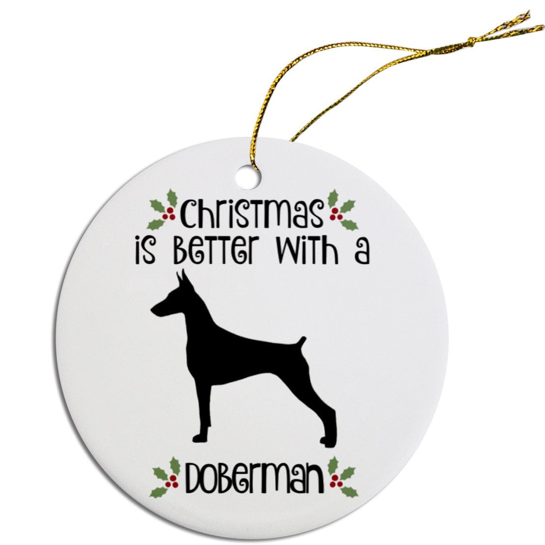 Dog Breed Specific Round Christmas Ornament, "Doberman"