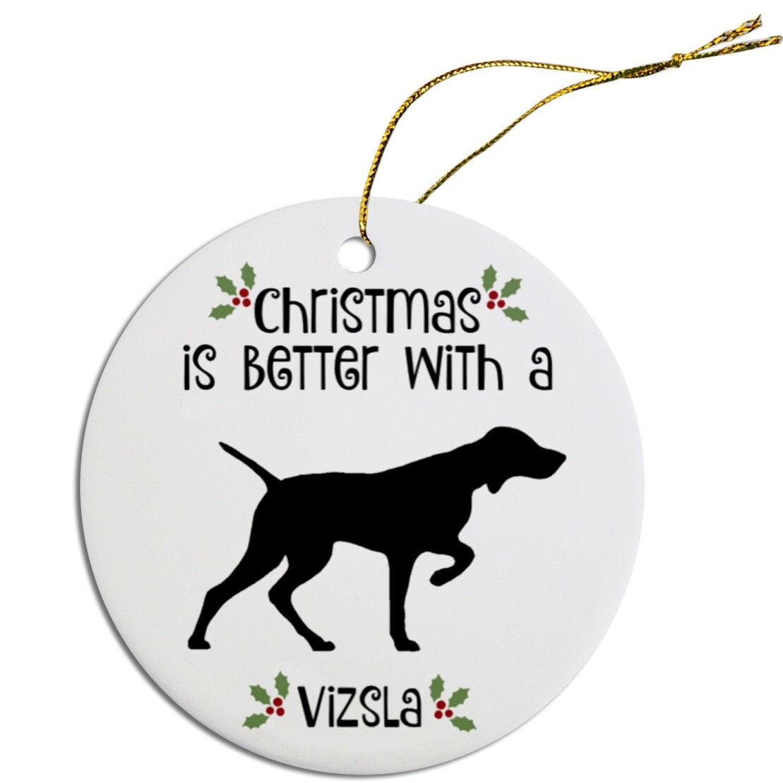 Dog Breed Specific Round Christmas Ornament, "Vizsla"
