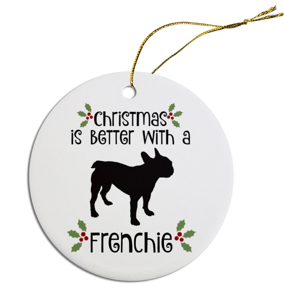 Dog Breed Specific Round Christmas Ornament, "Frenchie"