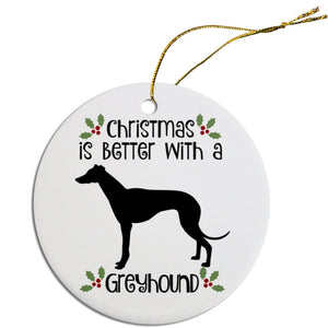 Dog Breed Specific Round Christmas Ornament, "Greyhound"