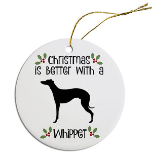 Dog Breed Specific Round Christmas Ornament, "Whippet"