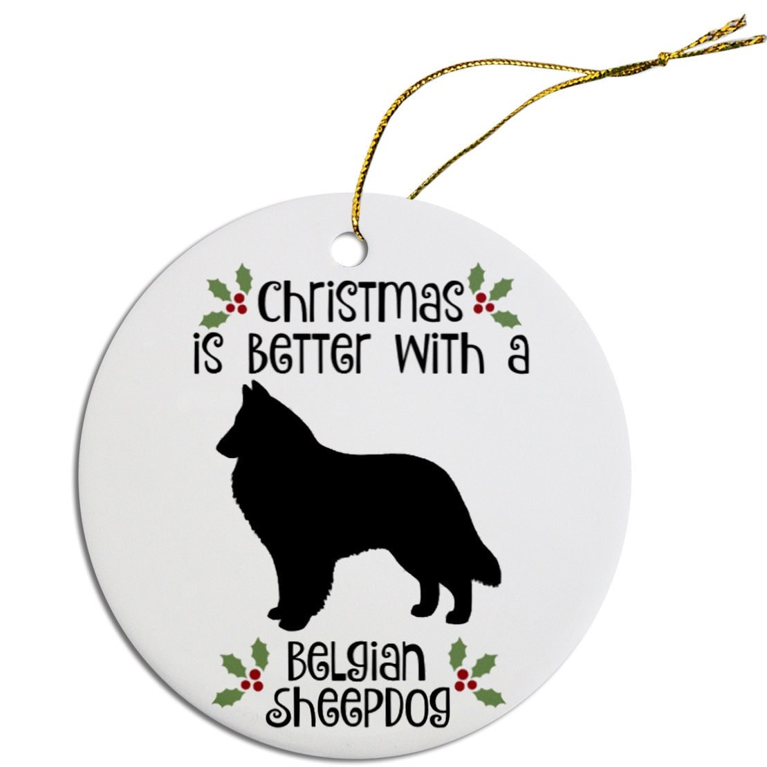 Dog Breed Specific Round Christmas Ornament, "Belgian Sheepdog"