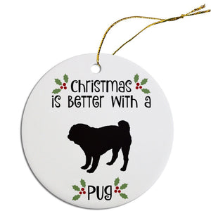 Dog Breed Specific Round Christmas Ornament, "Pug"