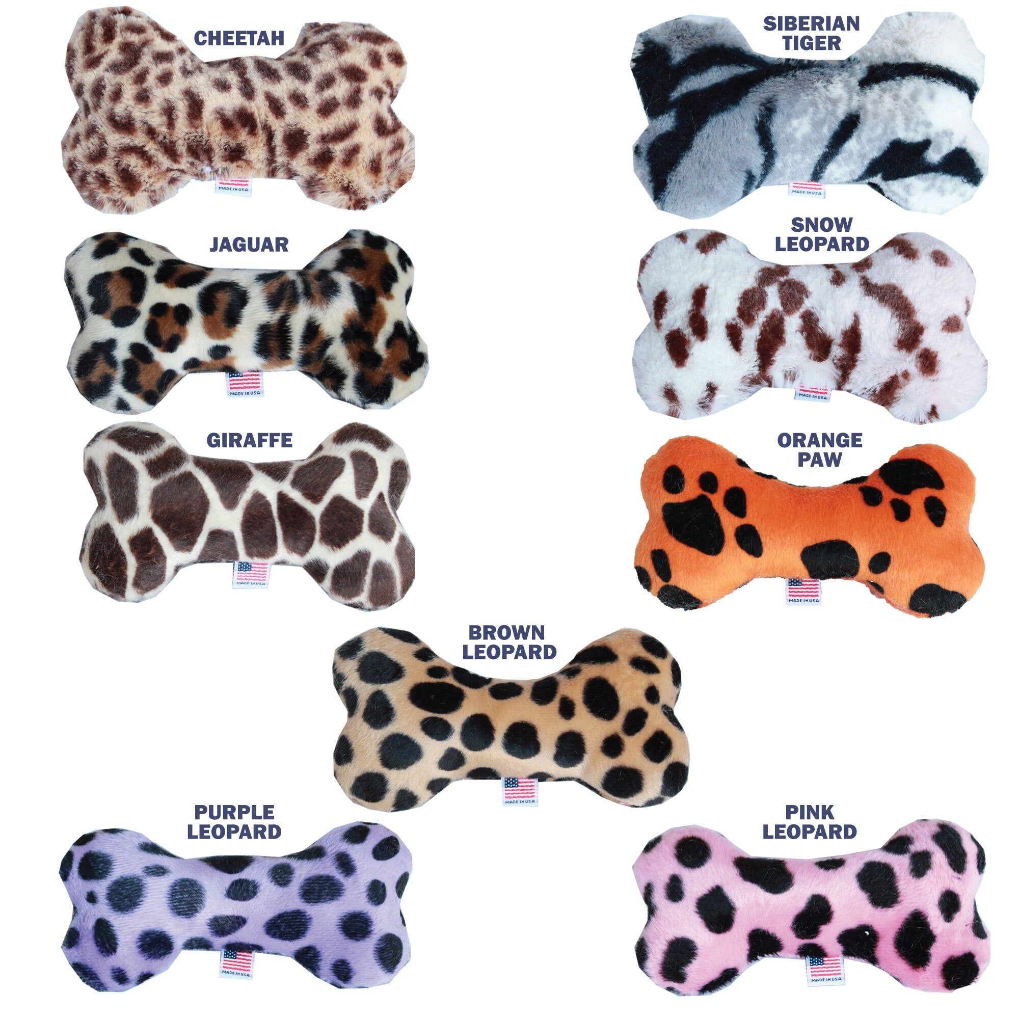 Pet and Dog Plush 6" Bone Toy, "Animal Print Group" (Available in 9 Animal Print options!)