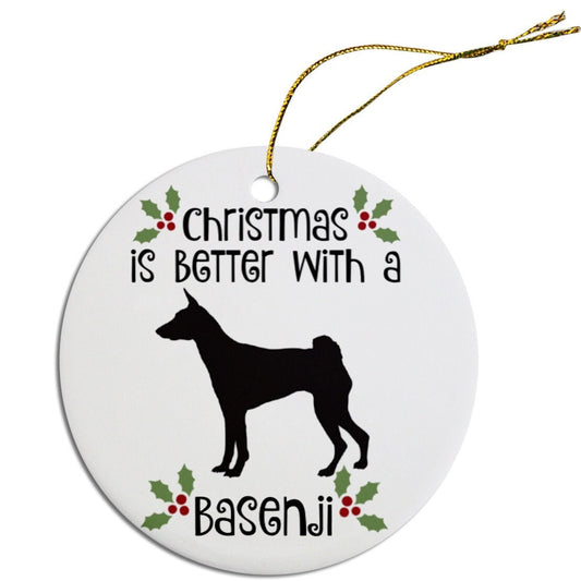 Dog Breed Specific Round Christmas Ornament, "Basenji"