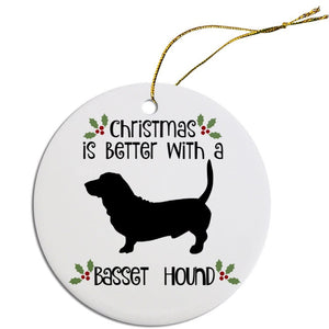Dog Breed Specific Round Christmas Ornament, "Basset Hound"
