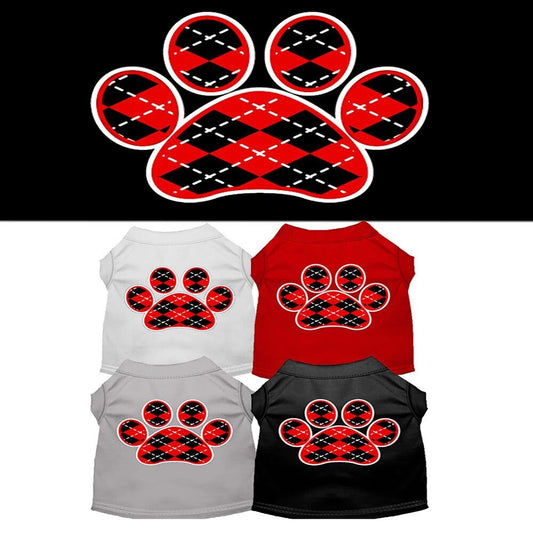 Pet Dog & Cat Shirt Screen Printed, "Argyle Paw Red"