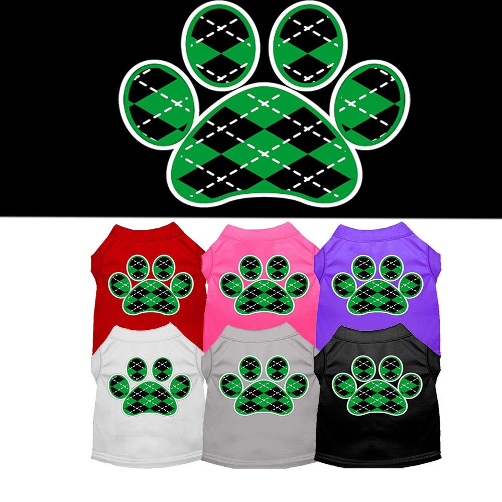 Pet Dog & Cat Shirt Screen Printed, "Argyle Paw Emerald Green"