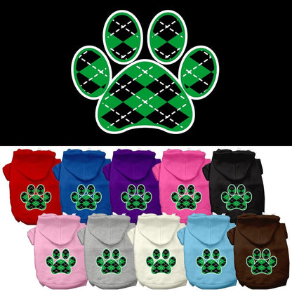 Pet Dog & Cat Hoodie Screen Printed, &quot;Green Argyle Paw&quot;