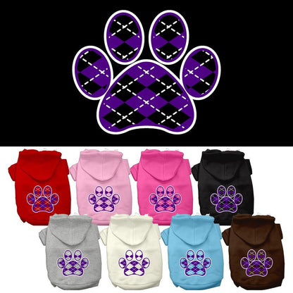 Pet Dog & Cat Hoodie Screen Printed, "Purple Argyle Paw"