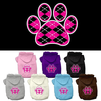 Pet Dog & Cat Hoodie Screen Printed, "Pink Argyle Paw"