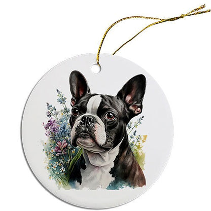 Dog Breed Specific Round Christmas Ornament, "Boston Terrier"