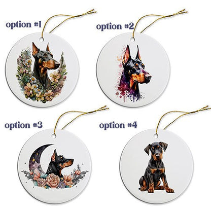 Dog Breed Specific Round Christmas Ornament, "Doberman"