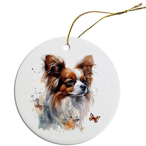 Dog Breed Specific Round Christmas Ornament, "Papillon"