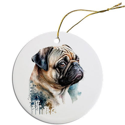 Dog Breed Specific Round Christmas Ornament, "Pug"