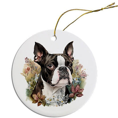 Dog Breed Specific Round Christmas Ornament, "Boston Terrier"