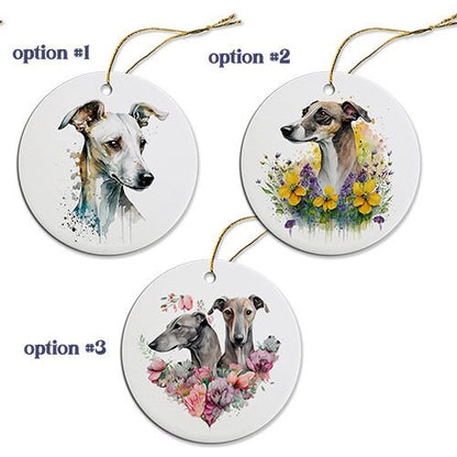 Dog Breed Specific Round Christmas Ornament, "Greyhound"