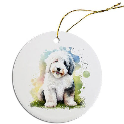 Dog Breed Specific Round Christmas Ornament, "Old English Sheepdog"