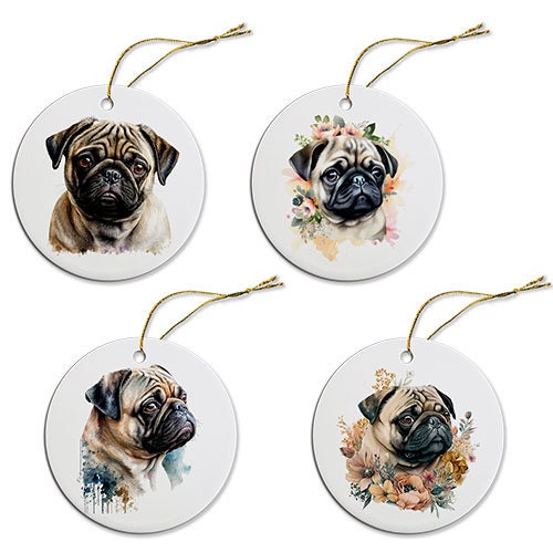 Dog Breed Specific Round Christmas Ornament, &quot;Pug&quot;