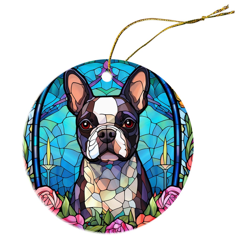 Dog Breed Christmas Ornament Stained Glass Style, "Boston Terrier"