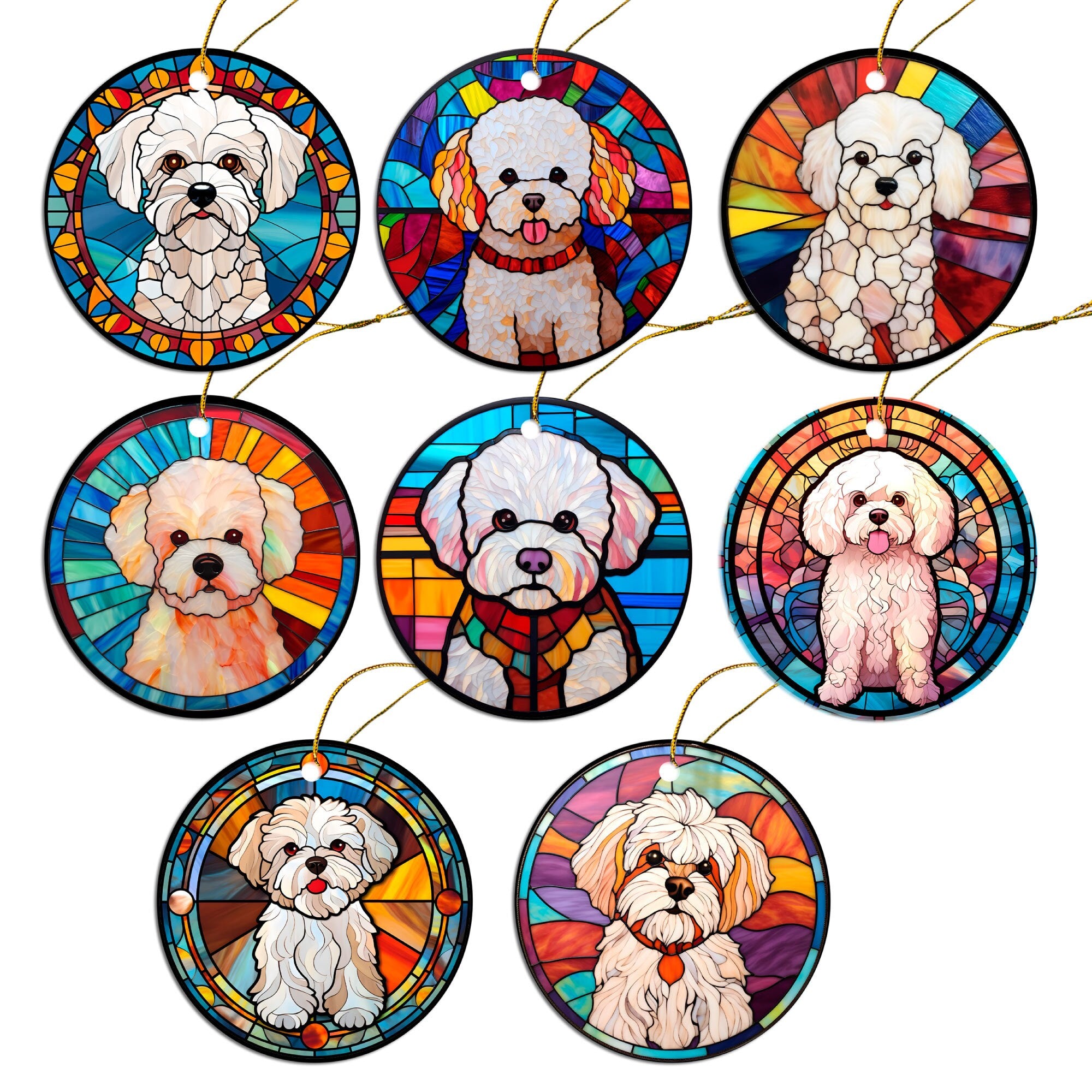 Dog Breed Christmas Ornament Stained Glass Style, &quot;Bichon Frise&quot;