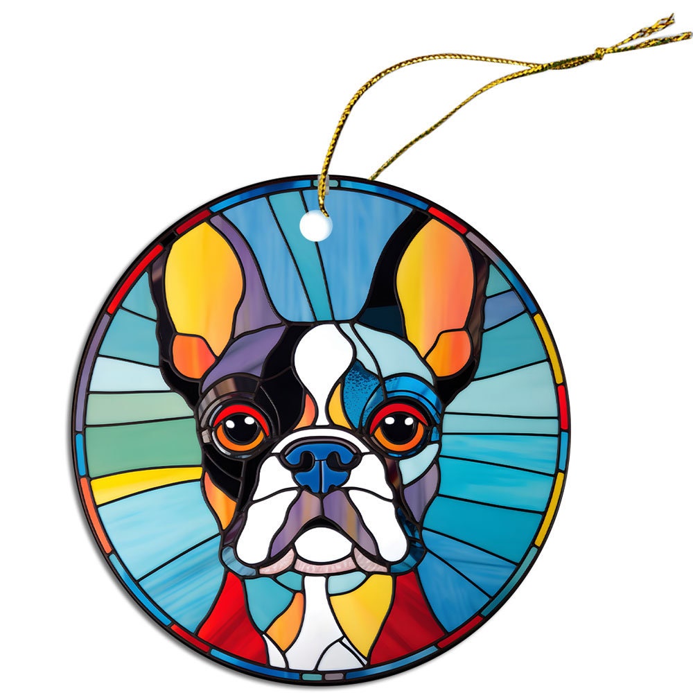 Dog Breed Christmas Ornament Stained Glass Style, "Boston Terrier"