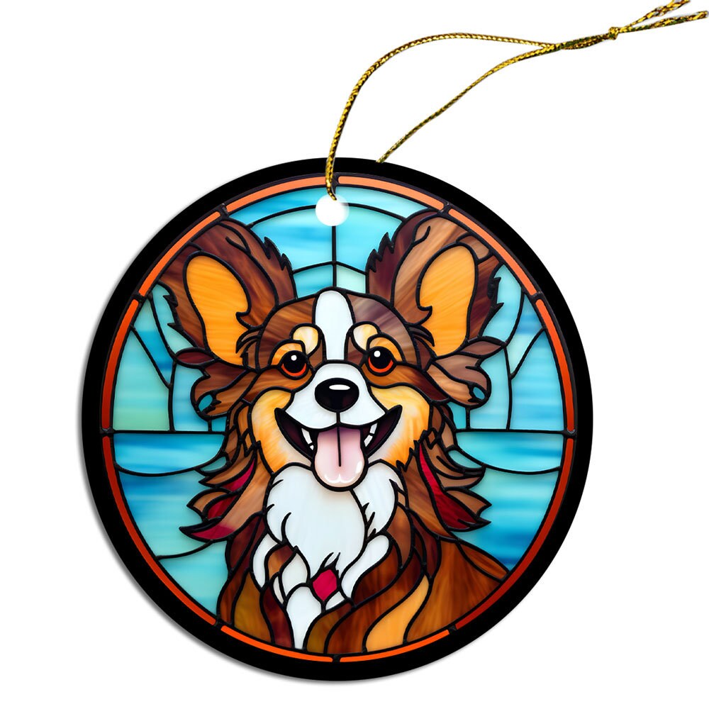 Dog Breed Christmas Ornament Stained Glass Style, "Papillon"