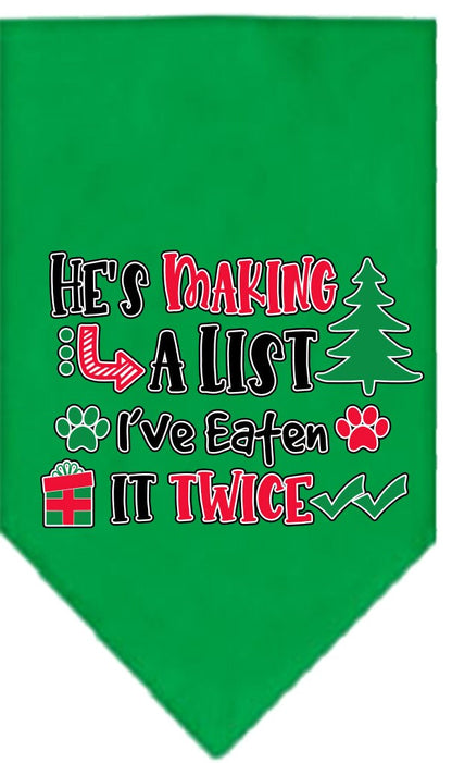 Christmas Pet and Dog Bandana Screen Printed, "He's Making A List, I've Eaten It Twice"