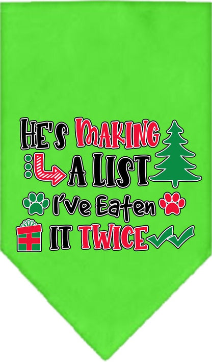 Christmas Pet and Dog Bandana Screen Printed, "He's Making A List, I've Eaten It Twice"