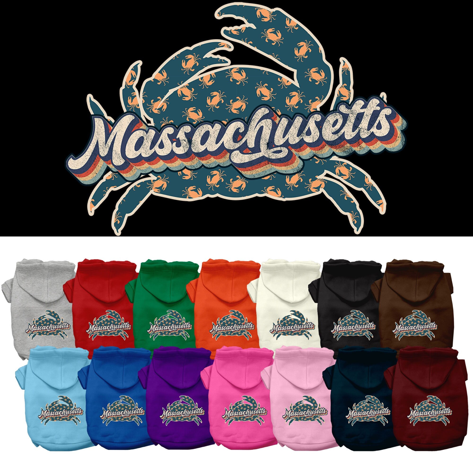 Pet Dog & Cat Screen Printed Hoodie for Small to Medium Pets (Sizes XS-XL), &quot;Massachusetts Retro Crabs&quot;