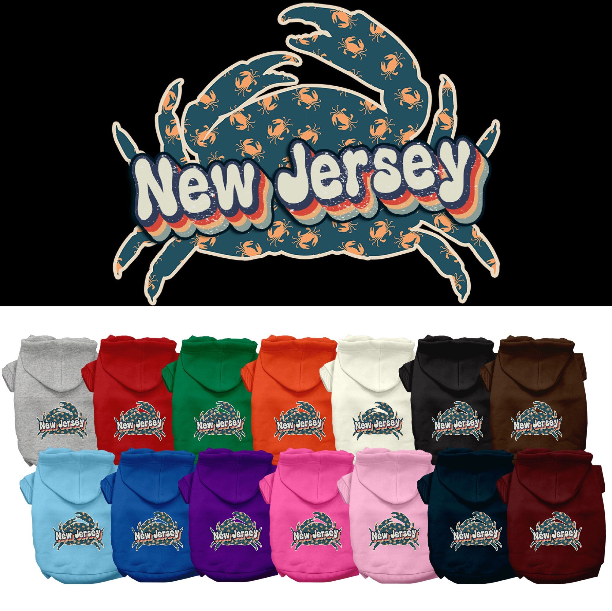 Pet Dog & Cat Screen Printed Hoodie for Medium to Large Pets (Sizes 2XL-6XL), &quot;New Jersey Retro Crabs&quot;