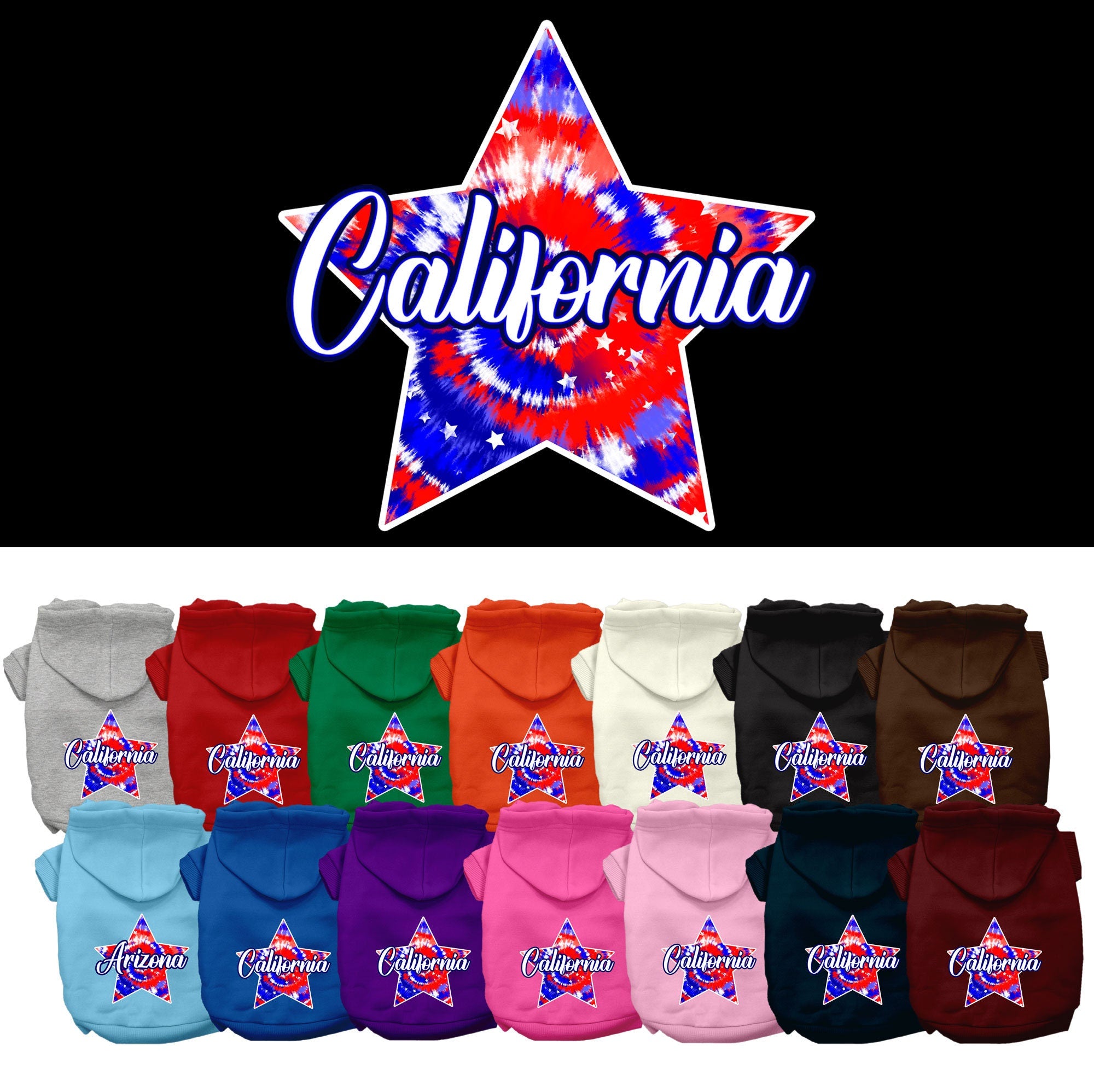 Pet Dog & Cat Screen Printed Hoodie for Small to Medium Pets (Sizes XS-XL), &quot;California Patriotic Tie Dye&quot;
