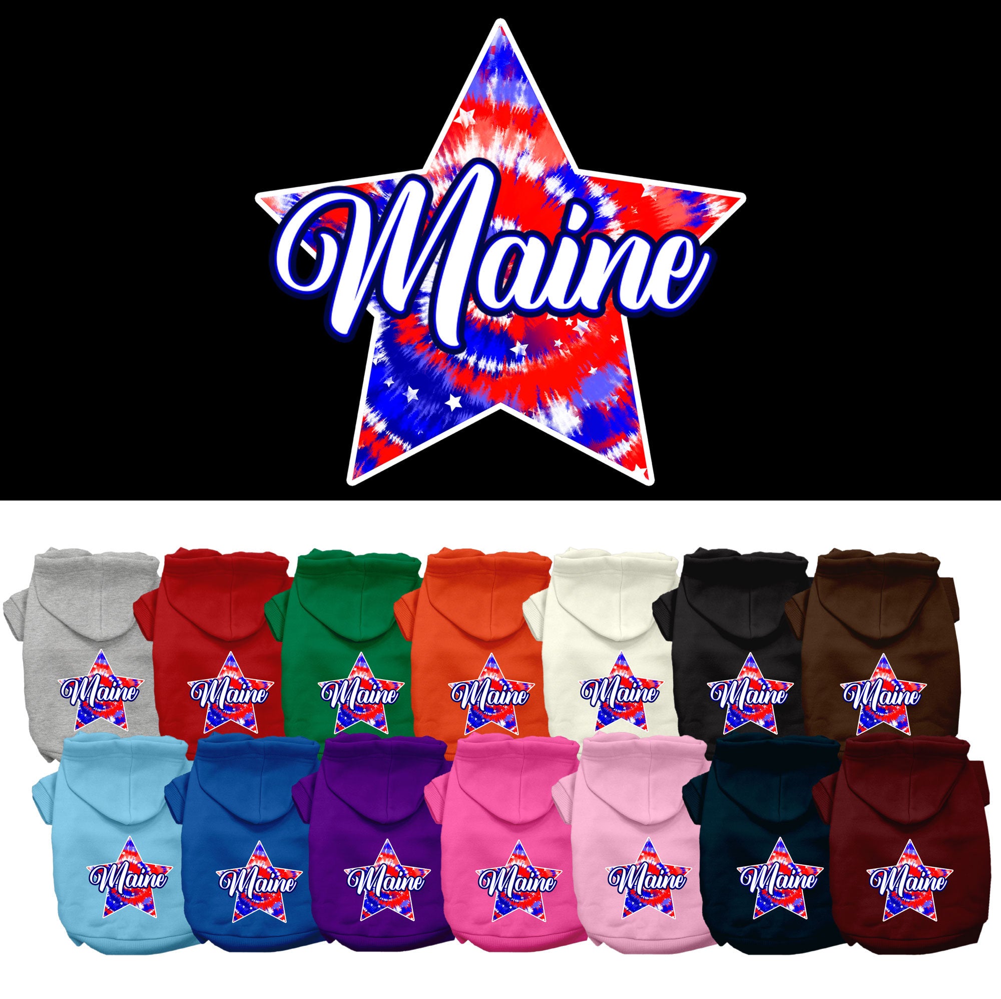 Pet Dog & Cat Screen Printed Hoodie for Small to Medium Pets (Sizes XS-XL), &quot;Maine Patriotic Tie Dye&quot;